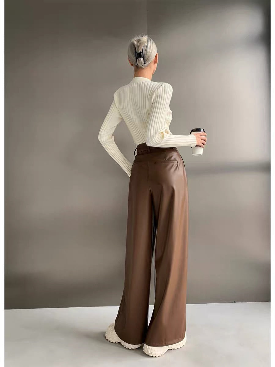 PAPERLLL Xinjian autumn and winter new soft high-waisted silhouette leather pants wide-leg pants for women European and American straight trousers (B4417)