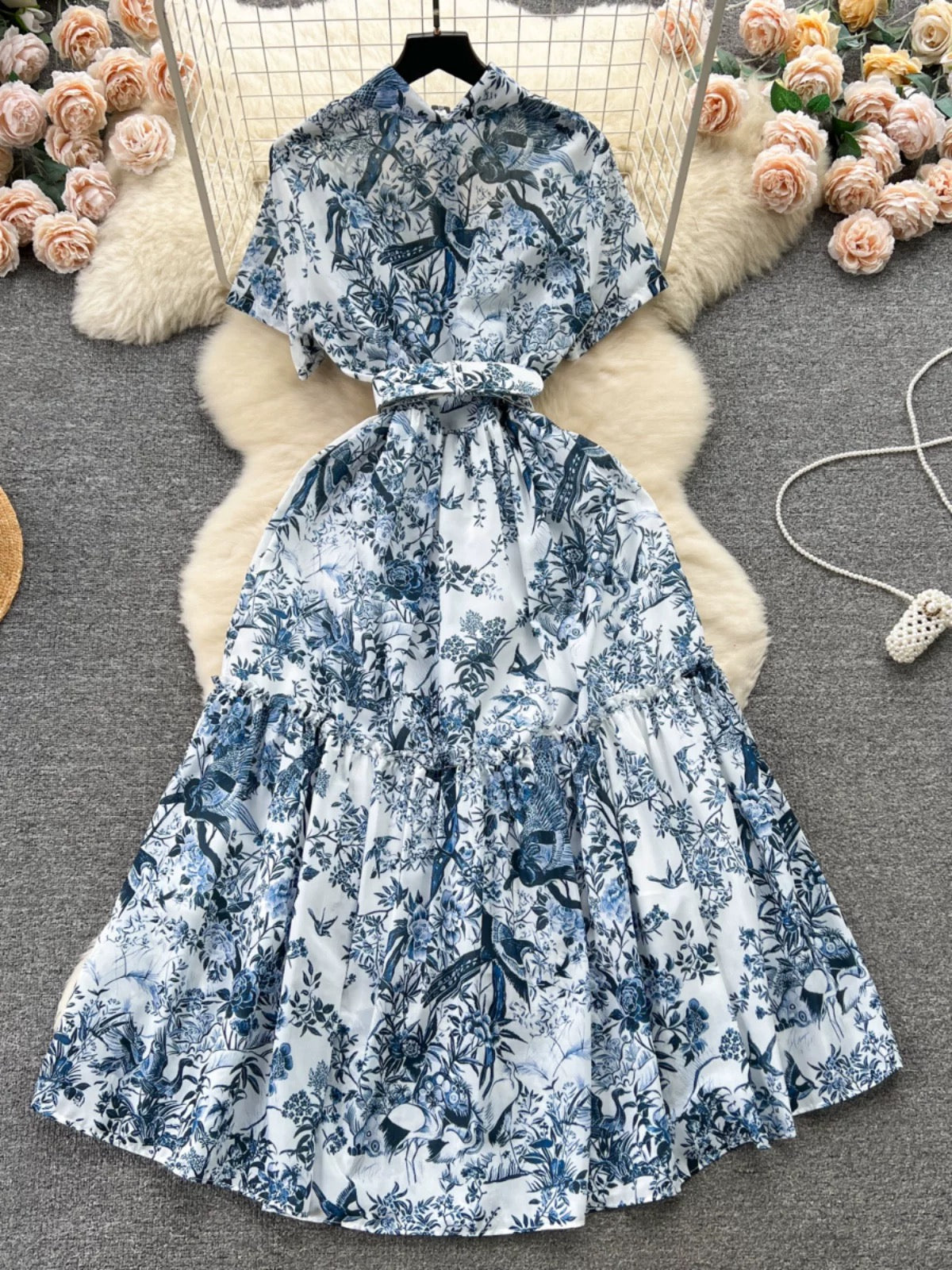 French retro print temperament dress ladies shirt collar buttoned waist slim medium long holiday skirt trendy