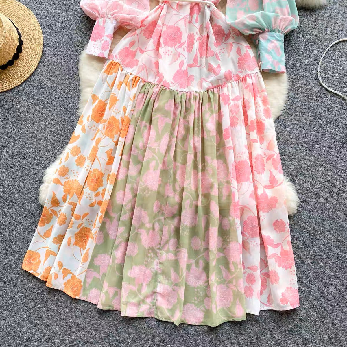 Spring and summer thin French high-end stand-up collar single-breasted lantern long-sleeved lace-up waist-length printed dress (D0981)