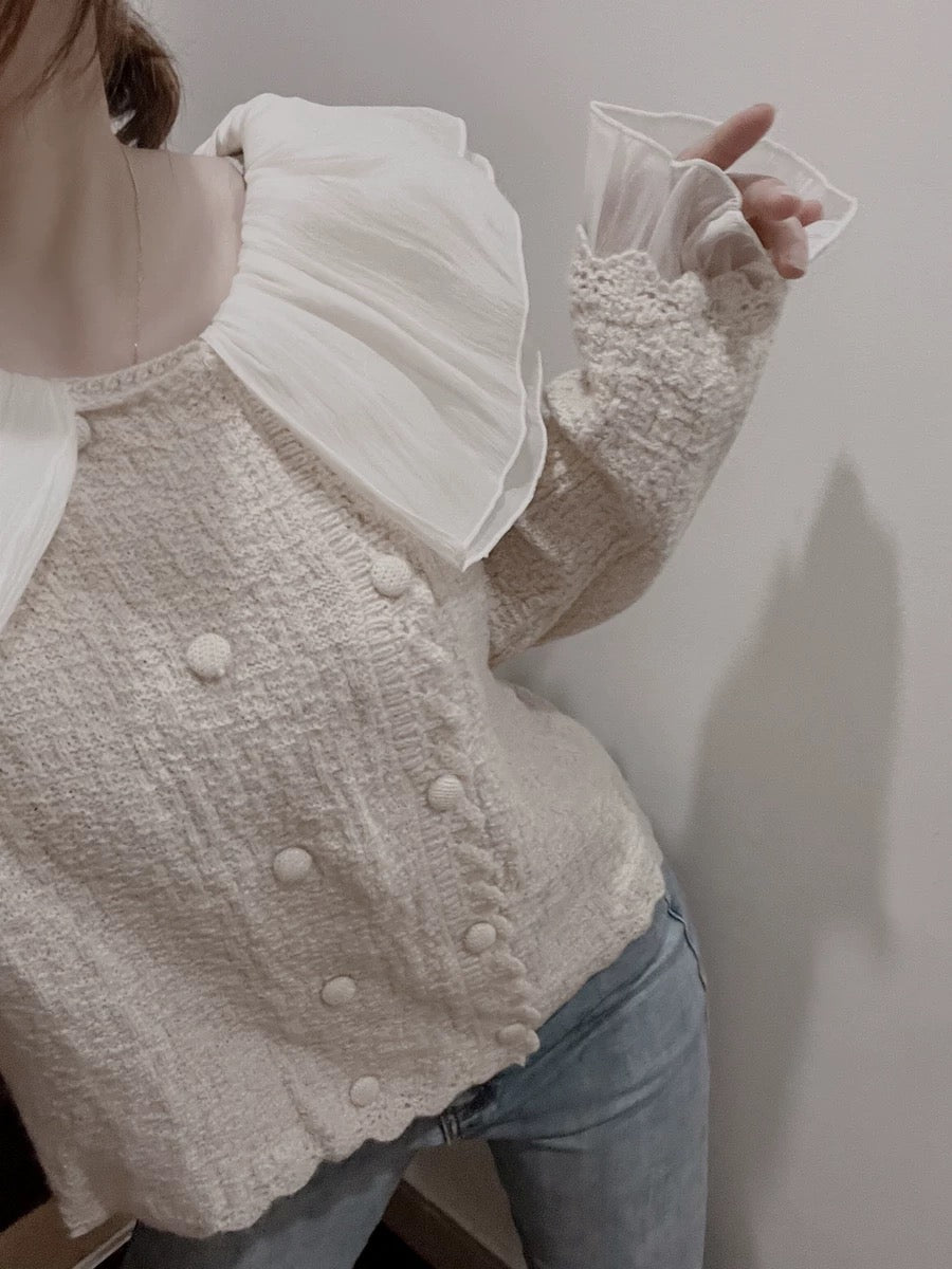 French chic and beautiful fairy splicing doll collar double-breasted short long-sleeved knitted outer top for women in autumn