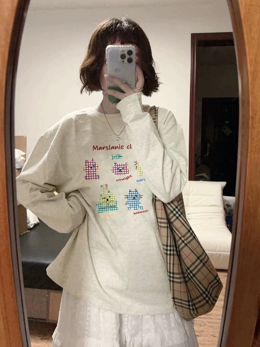100% cotton American retro Hong Kong style chic straight shoulder long-sleeved T-shirt women's loose lazy niche design top