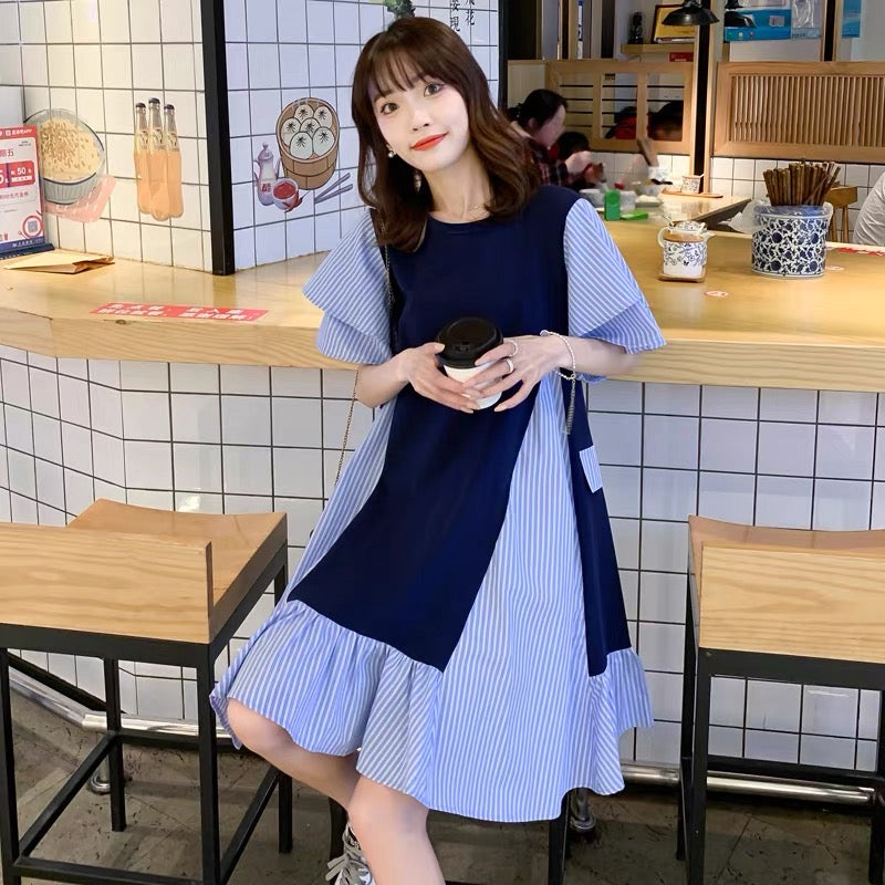 Summer new Korean style plus size maternity wear loose mid-length fake two-piece dress stylish striped A-line skirt D941