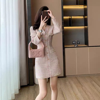 Celebrity Xiaoxiang style A-line skirt women's high-end light luxury style long-sleeved tweed temperament goddess style pink dress autumn