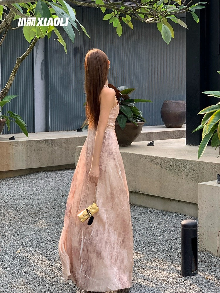 XIAOLI Floating Sand Song Halter Neck Long Dress Spring and Summer French Retro Temperament A-line Skirt