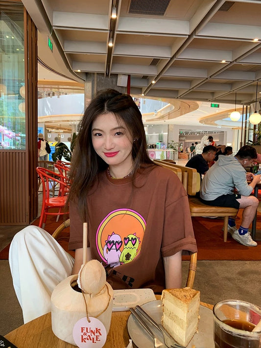 Luoluo Xianjie Tops Women Summer 2024 New Loose Design Niche T-shirt Small Men Coffee Color