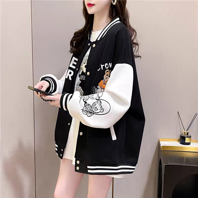 Designed baseball uniform cardigan for women 2023 early autumn new American style loose lazy style versatile oversize jacket (J0248)