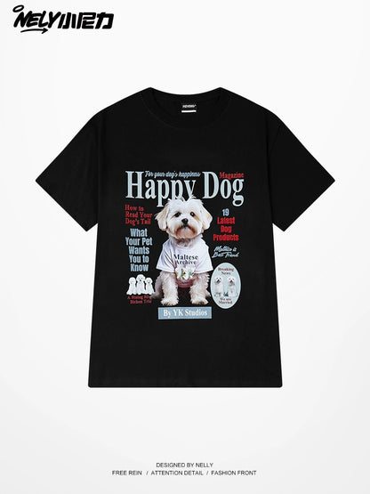 Nely Little Nelly Dog Print Short Sleeve T-shirt for Men and Women Round Neck New Loose American Retro Summer All-match Top