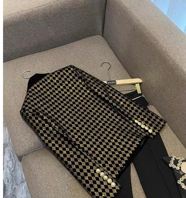 2023 European and American celebrity fashion women's jacket heavy industry rhombus hot diamond green fruit collar velvet suit jacket 7918 regular (B7911)
