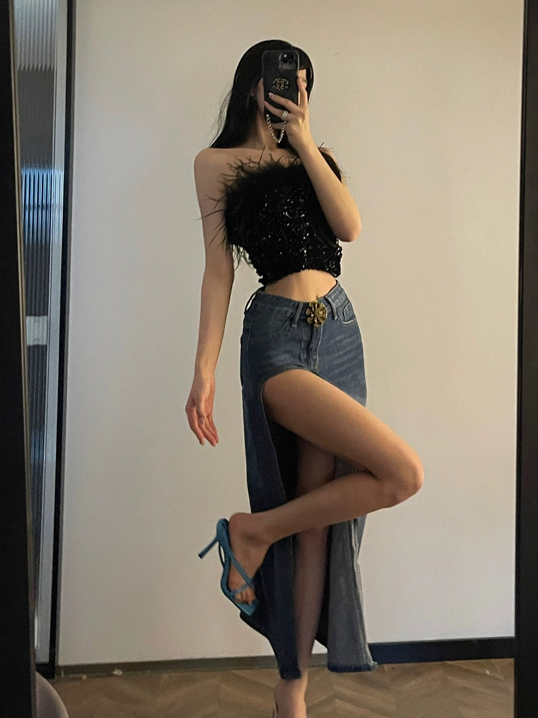 ChiclyNana American denim skirt sexy hot girl retro high waist slim pure desire high slit long skirt