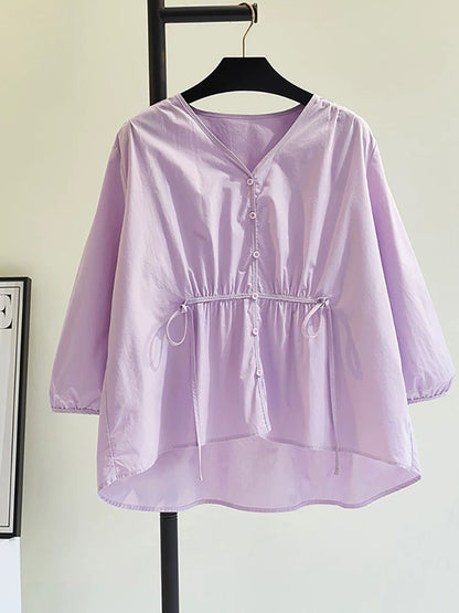 100 yuan for three pieces. Contact customer service to change the price after ordering. Purple V-neck, slim waist design. Loose solid color three-quarter sleeves.