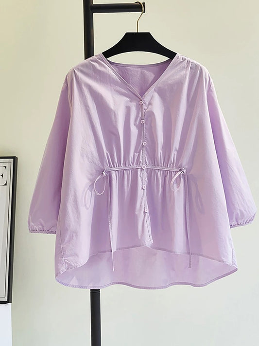100 yuan for three pieces. Contact customer service to change the price after ordering. Purple V-neck, slim waist design. Loose solid color three-quarter sleeves.