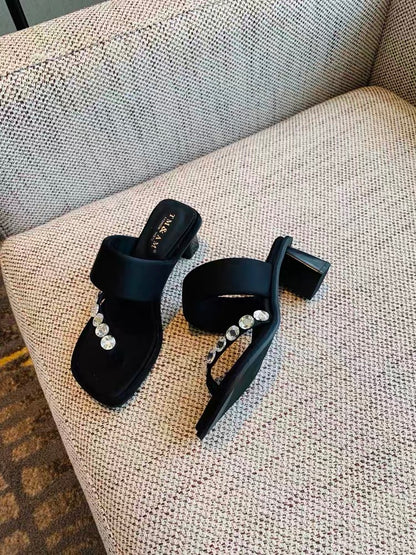Women's slippers 2023 new summer versatile Korean style temperament silk satin fashion rhinestone flip-flops thick heel sandals for women