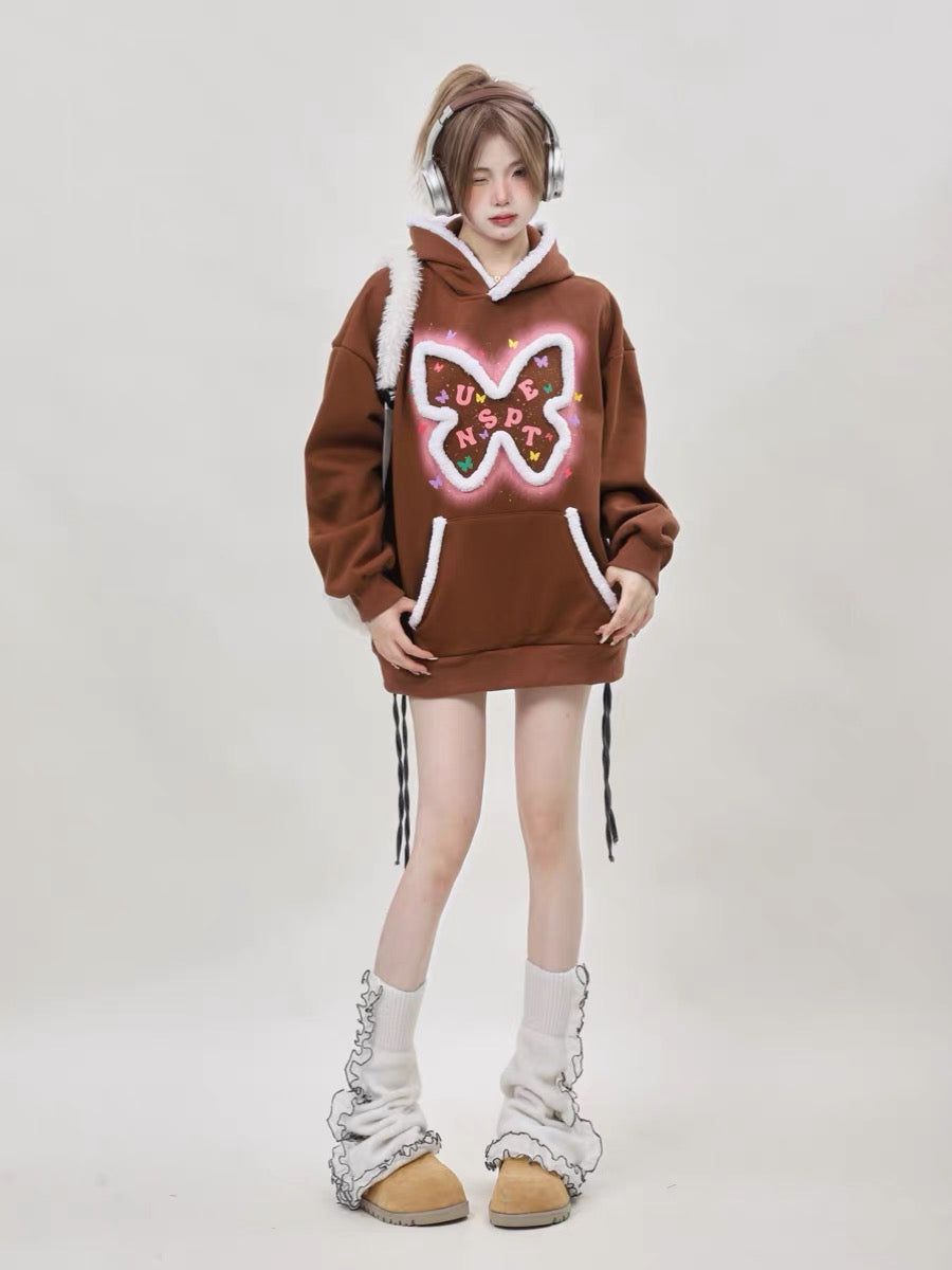 American oversize niche hooded butterfly pink sweatshirt for women plus velvet and thickened 2023 new top for small people A3348