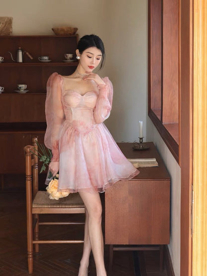 Thirteen and Little French Puff Sleeve Dress Women's Spring Smudged Printed Mesh Waist Princess Petit Skirt