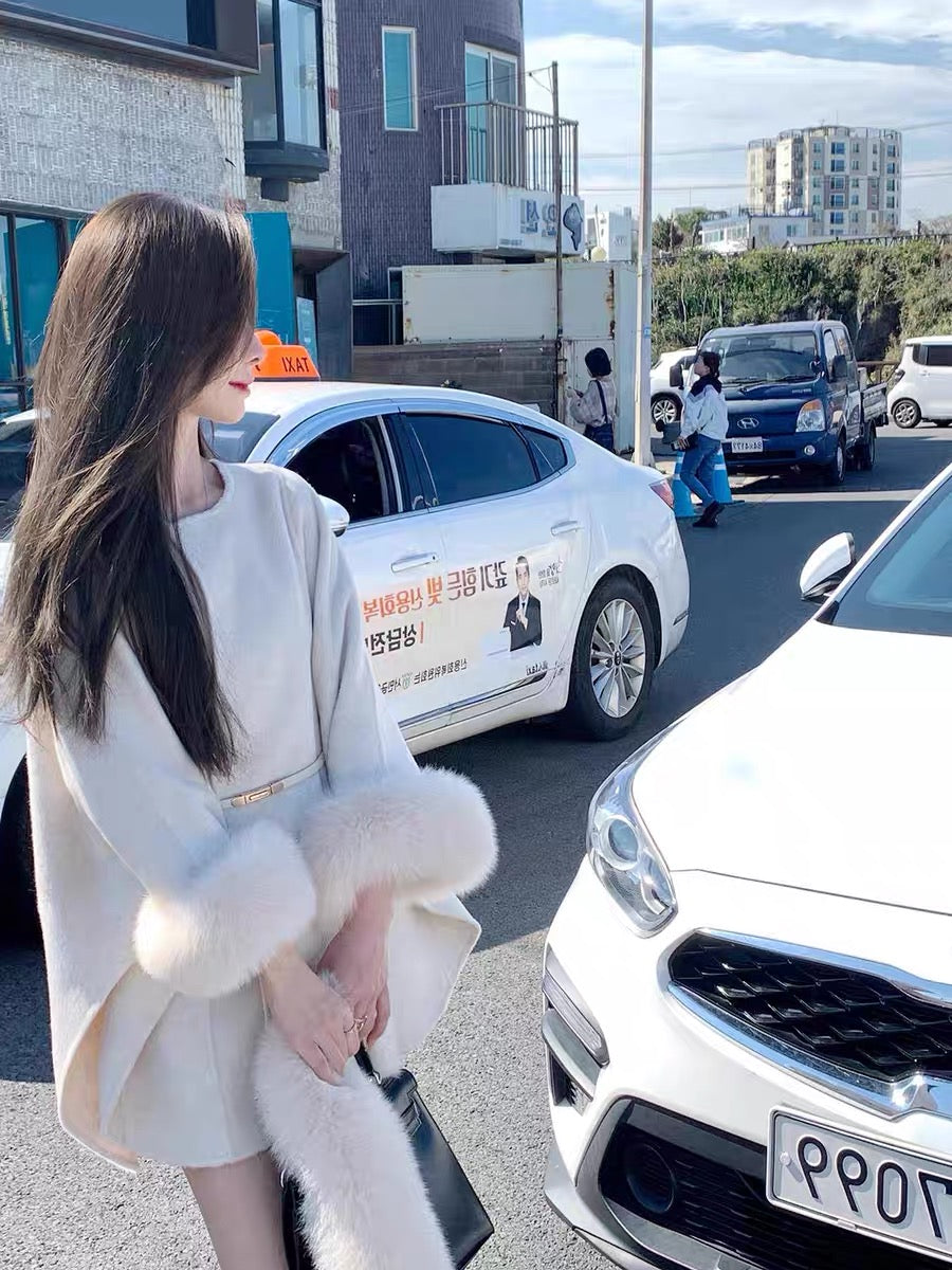[Iceland Lovers] du family color fox fur double-sided woolen coat thick autumn and winter temperament cape style coat women's woolen coat A3312