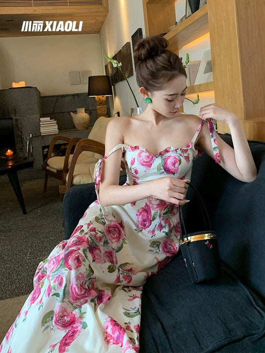 Xiaoli XIAOLI Carlo's rose floral sling dress spring and summer French high-end exquisite holiday long skirt