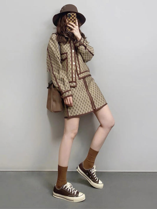 High-end temperament, socialite, foreign style, retro Hong Kong style trendy brown two-piece suit 2023 autumn and winter new women's clothing
