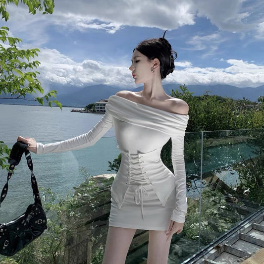 Waist-cinching sweet and spicy dress for women autumn new long-sleeved slimming off-shoulder hip skirt white short skirt A2262