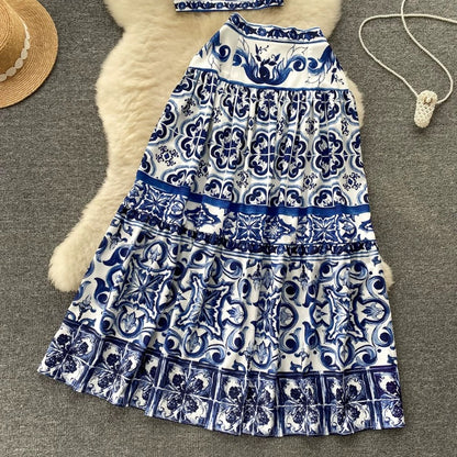 European and American style blue and white porcelain print suit for women in summer pure waist-revealing camisole vest + high waist mid-length skirt