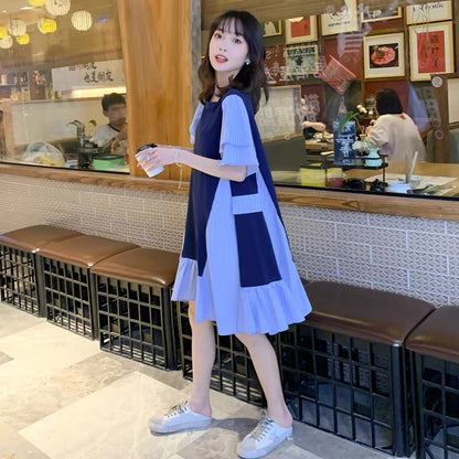 Summer new Korean style plus size maternity wear loose mid-length fake two-piece dress stylish striped A-line skirt D941