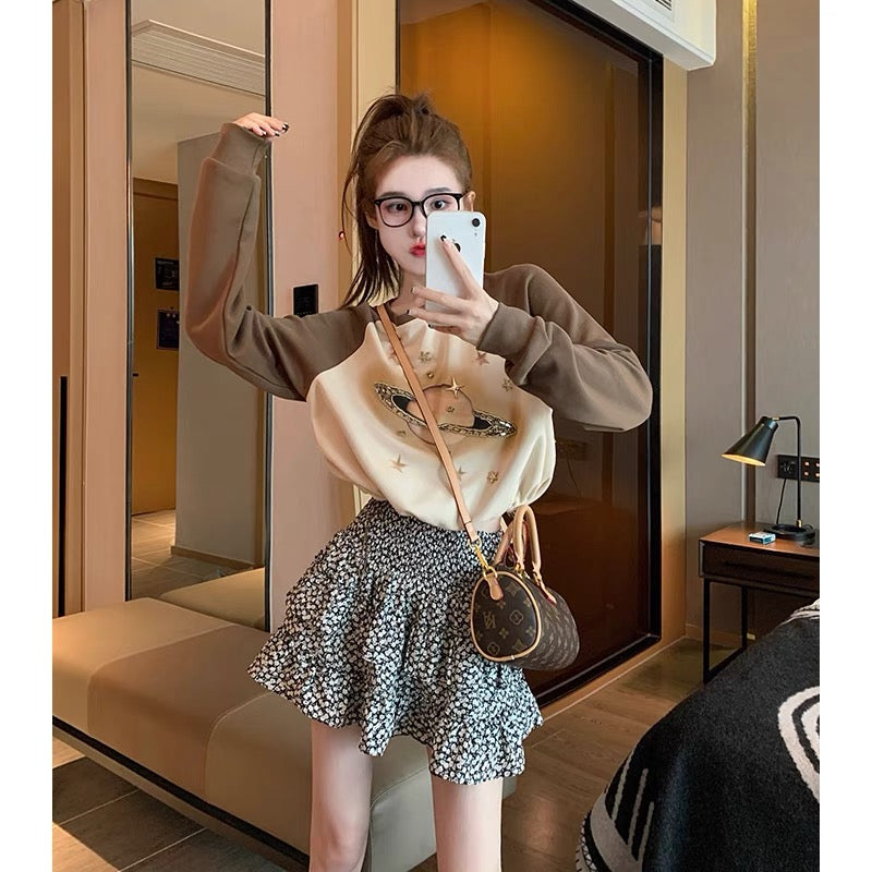 Retro caramel color round neck sweatshirt for women 2023 new popular spring and autumn design heavy industry diamond short top trendy (B6910)