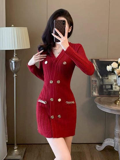 Lady style V-neck zodiac year knitted little red skirt women's autumn and winter new design double-breasted hip-hugging dress D7794
