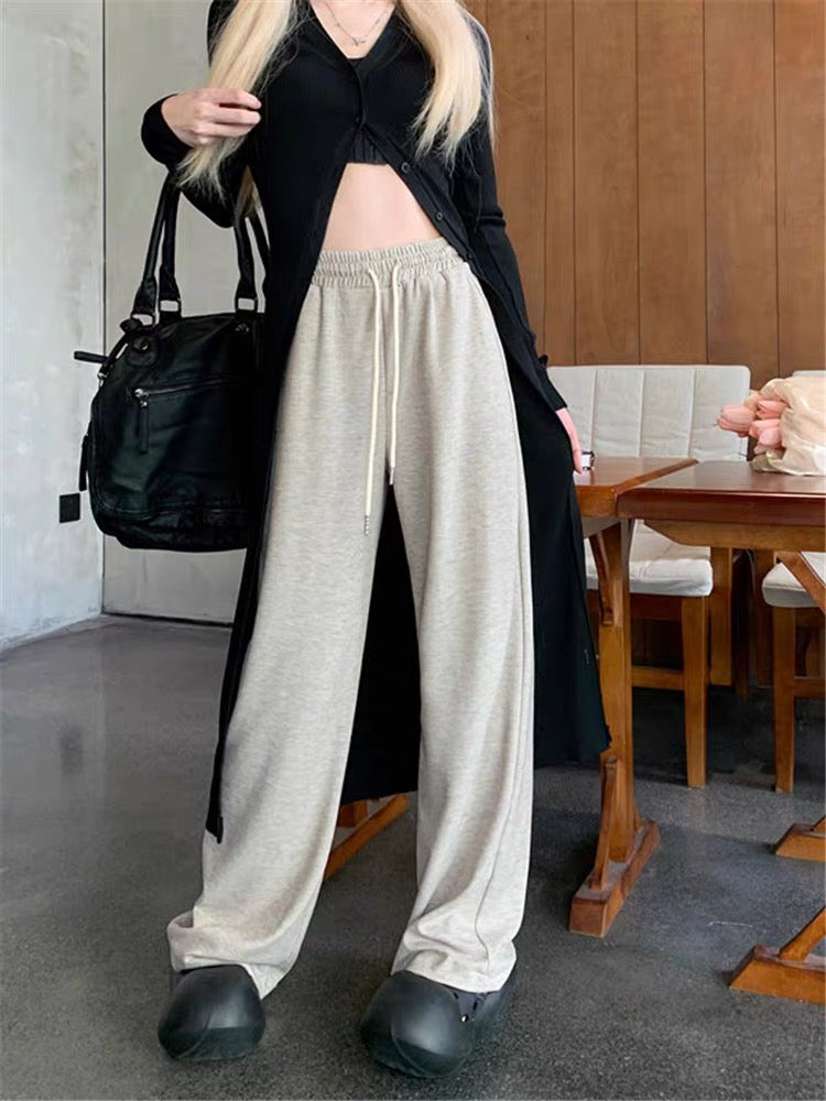 kumikumi gray casual pants for women in autumn and winter plus velvet slimming wide-leg pants straight trousers drawstring pants glutinous rice pants (B2345)
