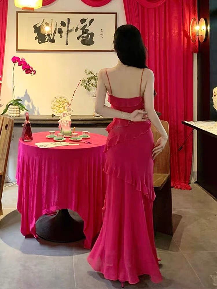 French sling dress fairy summer ruffles high-end sexy open back seaside holiday wind beach long skirt