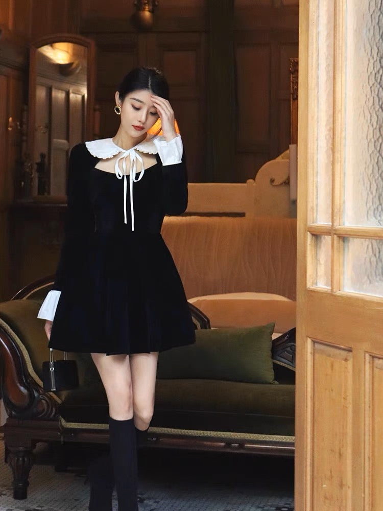 Thirteen and Little French Dress Women's Autumn and Winter A-Line Skirt Waist Long Sleeve Skirt Retro Velvet Little Black Skirt