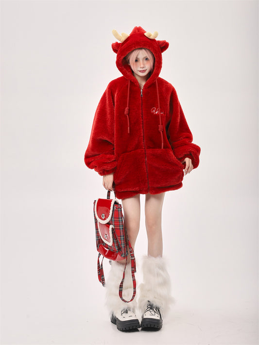 2024 New Year, Year of the Dragon, Zodiac Year, Dragon Horn Red Lamb Wool Jacket for Women, Winter Hooded Cotton Jacket, Lamb Wool Cotton Jacket