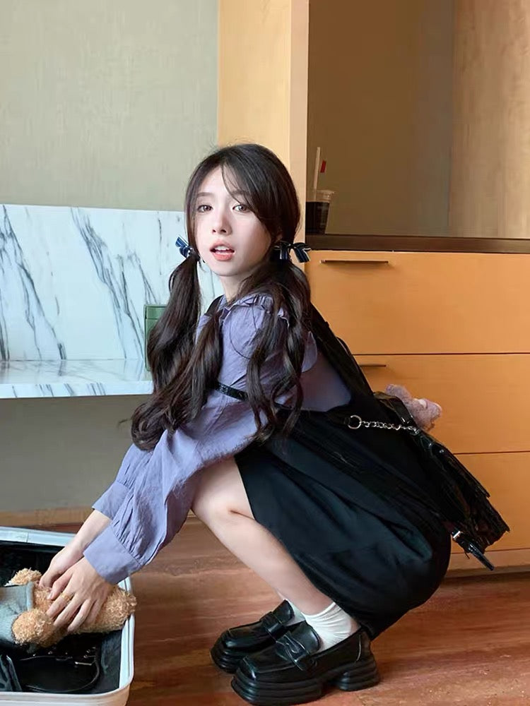 French Hepburn style black A-line suspender dress + long-sleeved ruffle shirt two-piece suit for women in autumn plus size (S0974)