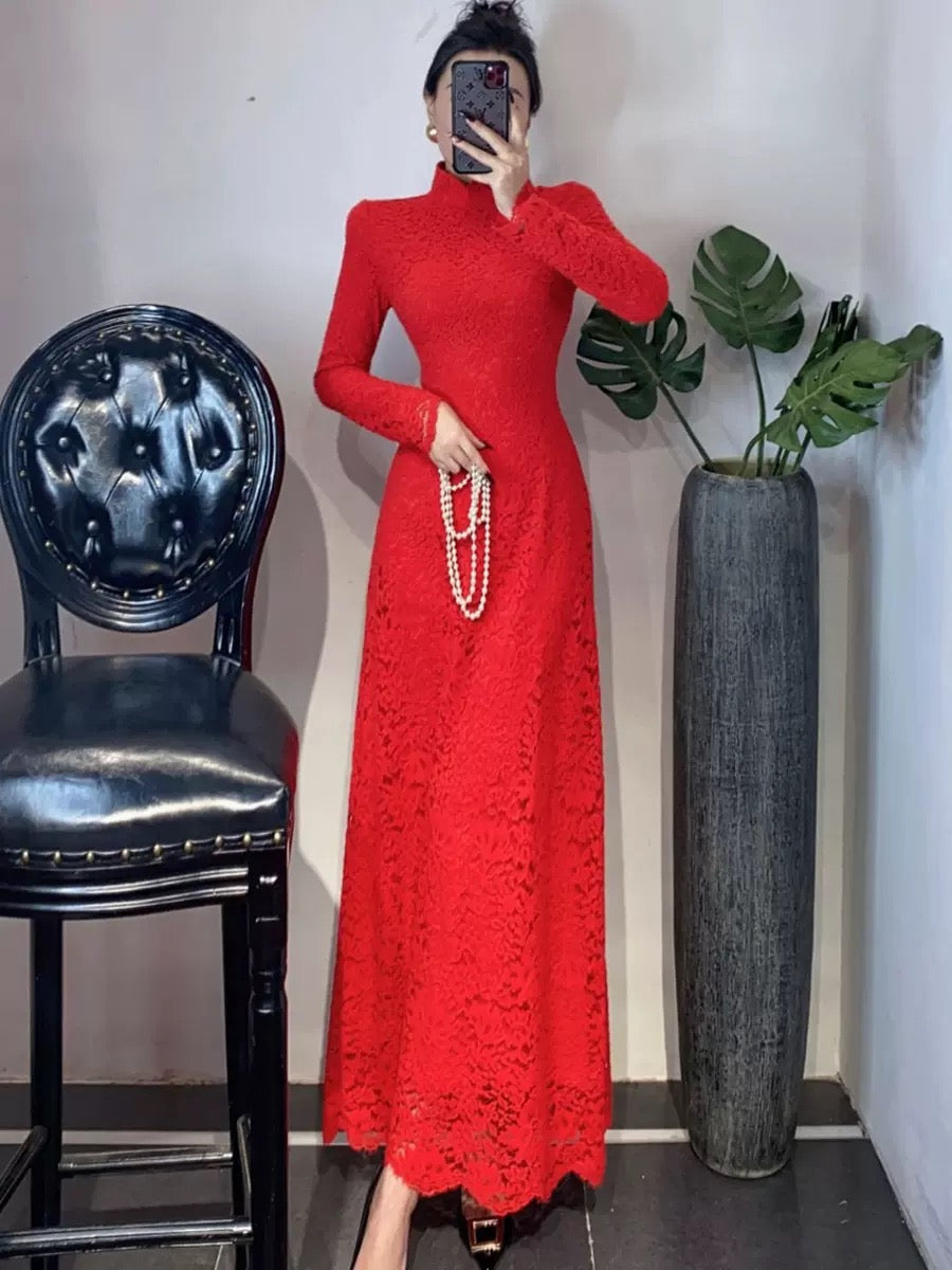 National style new Chinese style cheongsam stand collar slim mink velvet lace dress spring autumn winter red elegant dress black and white