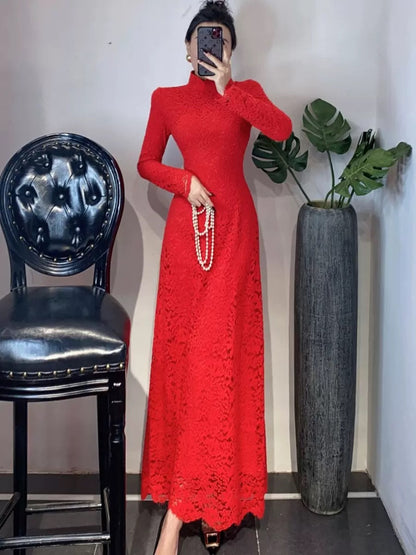 National style new Chinese style cheongsam stand collar slim mink velvet lace dress spring autumn winter red elegant dress black and white