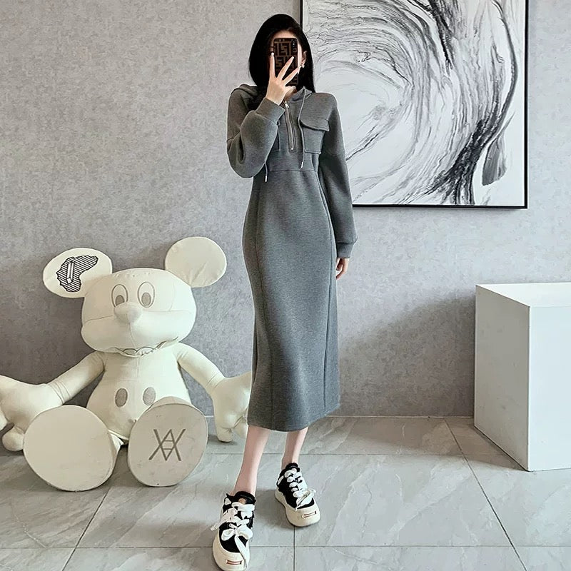 Hooded mid-length velvet thickened sweatshirt skirt women's autumn and winter 2023 new European high-end casual dress