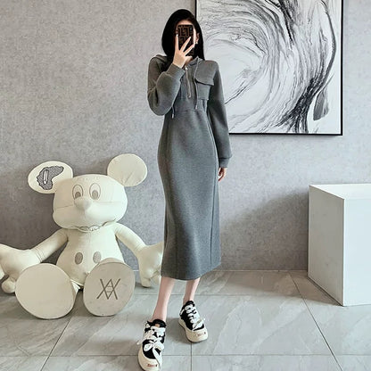 Hooded mid-length velvet thickened sweatshirt skirt women's autumn and winter 2023 new European high-end casual dress