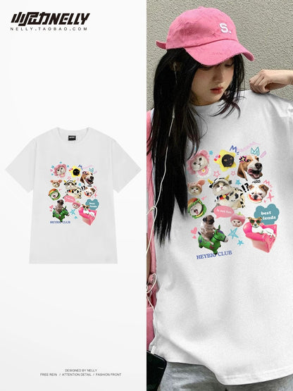 American dog and cat printed cotton short-sleeved T-shirts for men and women, summer trendy brand, American hiphop clothes, high street