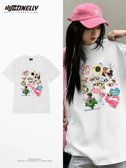 American dog and cat printed cotton short-sleeved T-shirts for men and women, summer trendy brand, American hiphop clothes, high street