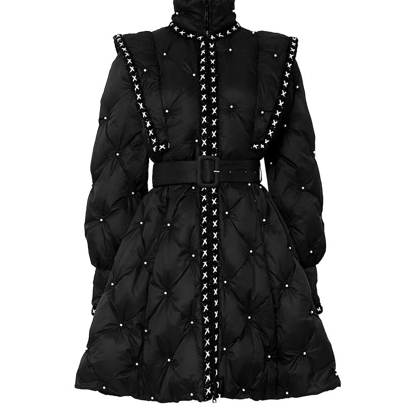 2023 Winter New Women's Wear Sweet Cool Feifei Sleeves Heavy Industry Beading Big Swing Short Sweet Stand Collar Light Luxury Down Jacket