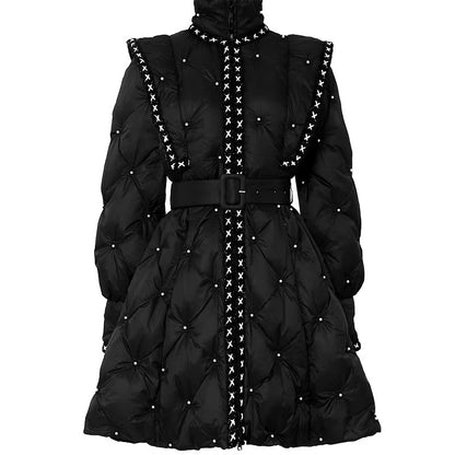 2023 Winter New Women's Wear Sweet Cool Feifei Sleeves Heavy Industry Beading Big Swing Short Sweet Stand Collar Light Luxury Down Jacket
