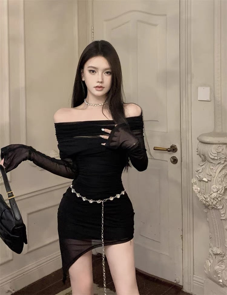 One-shoulder slim-fitting bottoming dress hot girl short design niche women's autumn and winter irregular hip-hugging skirt A2260