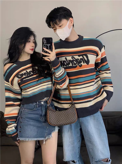 Couple clothing autumn and winter 2023 new trendy brand striped sweaters for men and women, one long and one short, lazy style high-end knitted sweaters
