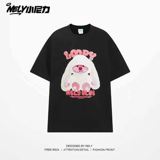 2024 new cute rabbit print short-sleeved T-shirt for men and women summer American trendy casual couple half-sleeved shirt tee