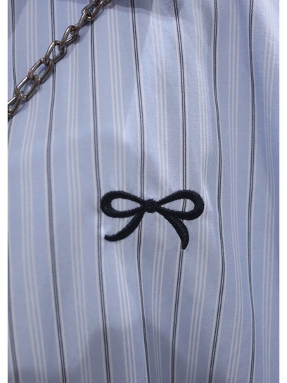Korean style high quality bow embroidery 2024 summer loose slim medium and long cotton striped long-sleeved shirt for women