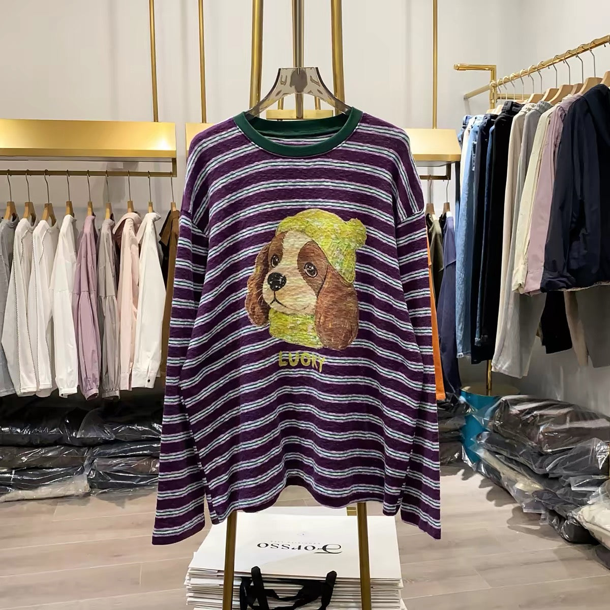 [Real-life shot from Xiao Ai's stall] Striped long-sleeve top featuring a puppy motif—American retro, loose, casual, and laid-back style with contrasting color stripes.