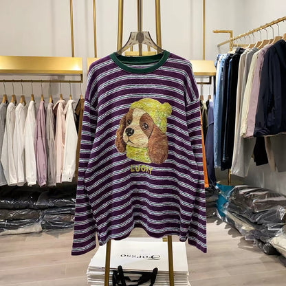 [Real-life shot from Xiao Ai's stall] Striped long-sleeve top featuring a puppy motif—American retro, loose, casual, and laid-back style with contrasting color stripes.
