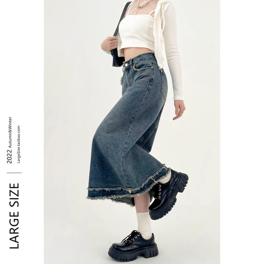 Plus size fat mm denim skirt women's mid-length high-waisted slimming long skirt pear-shaped figure A-line autumn A3363