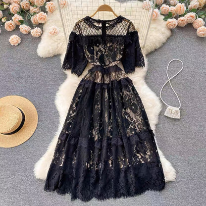 2022 Spring and Summer New Lace Dress Women's Design Niche Loose Waist Temperament Dress Long Skirt