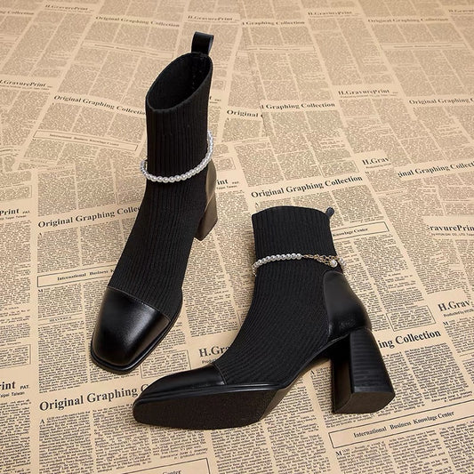 High-heeled short boots for women 2023 autumn and winter new square toe women's boots medium thick heel thin sock boots versatile Martin boots