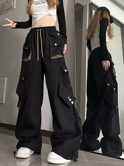American high street workwear casual pants for women in autumn, loose contrasting color straight trousers with pockets, straight leg leggings, wide leg trousers