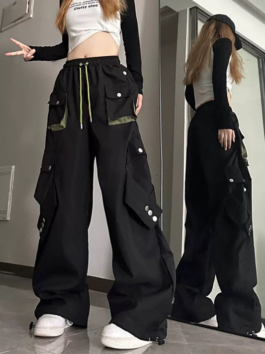 American high street workwear casual pants for women in autumn, loose contrasting color straight trousers with pockets, straight leg leggings, wide leg trousers